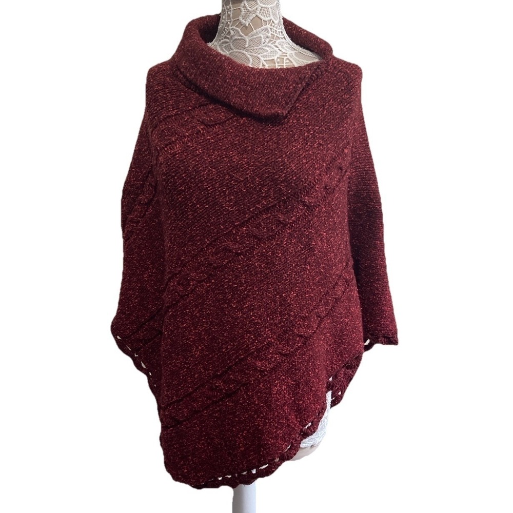 The Sweater Venture Burgundy Cable Knit Poncho Sweater Cowl Neck Wool Blend OS